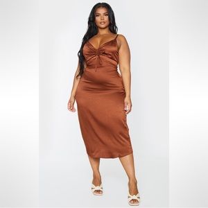 PrettyLittleThing Plus Chocolate Brown Ruched Bust Cami Satin Midi Dress